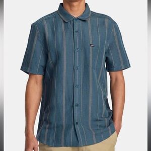 NWT! RVCA MERCY STRIPE SHORT SLEEVE WOVEN SHIRT - DUCK BLUE